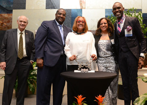(L to r): G. Gilmer Minor, III, chairman emeritus of Owens & Minor; Joe Reubel, president of Kerma Medical; Angela Wilkes, president of A.T. Wilkes and Associates, and recipient of the 2015 Earl G. Reubel Award for Supplier Diversity; Andrea Reubel-Walker, director of marketing and national key accounts, Kerma Medical; Derreck Kayongo, co-founder of the Global Soap Project